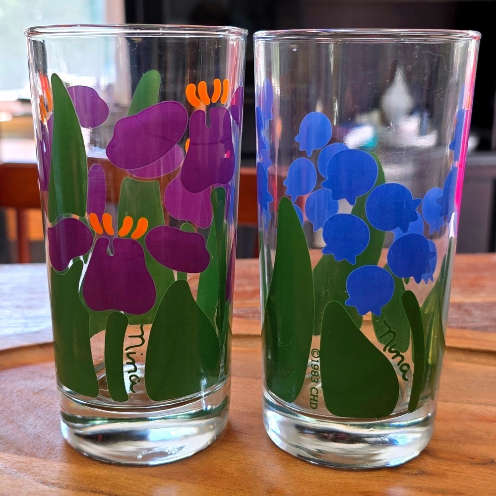 Vintage 1983 Nina Greenhouse Collection Floral Glasses Set of 2 Iris Bluebells